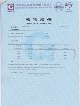 Calibration certificate with caliper
