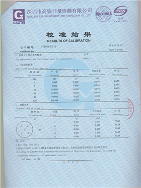 Calibration certificate for densitometer